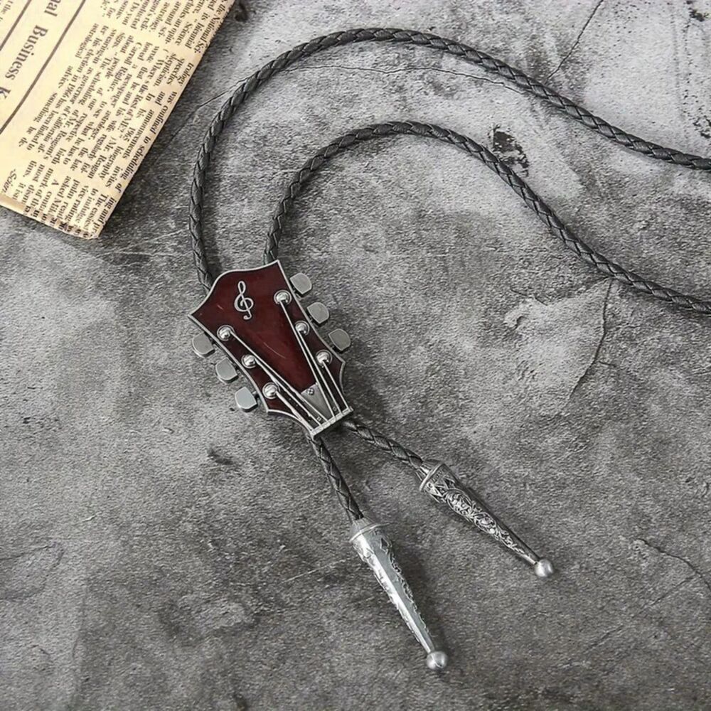 Red & Silver Texas Western Cowboy Guitar Neck Bollo Tie - Braided Cord